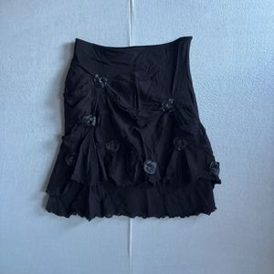 giv Wool Gathered Flower Embellished Hippy Boho Brown Midi Skirt